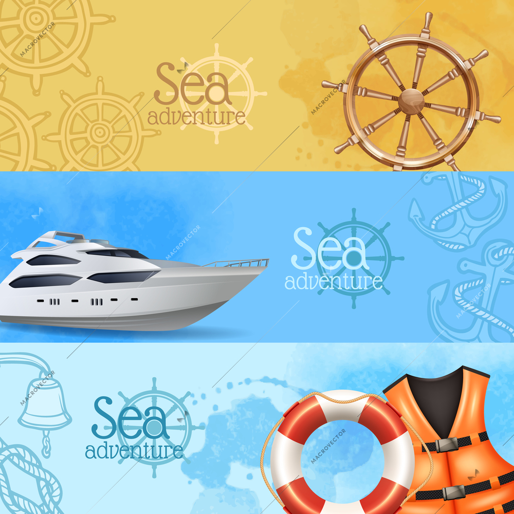 Sea adventure and travel horizontal realistic banners set with yacht and helm isolated vector illustration