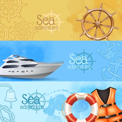 Sea adventure and travel horizontal realistic banners set with yacht and helm isolated vector illustration