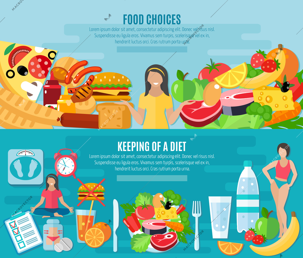 Healthy food choice for maintaining  low  fat diet 2 flat horizontal banners set abstract isolated vector illustration.  Editable EPS and Render in JPG format