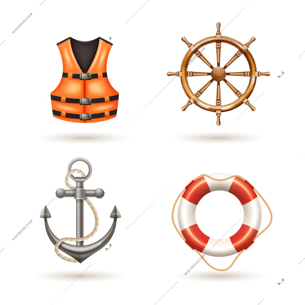 Marine realistic icons set with anchor life buoy life jacket and helm isolated vector illustration