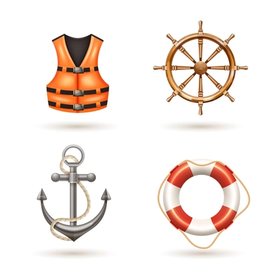 Marine realistic icons set with anchor life buoy life jacket and helm isolated vector illustration