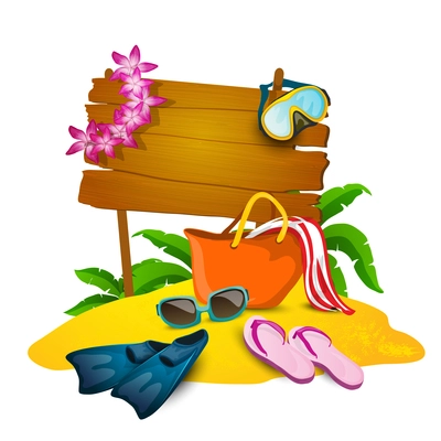 Beach and summer cartoon background with slippers bag and sand vector illustration