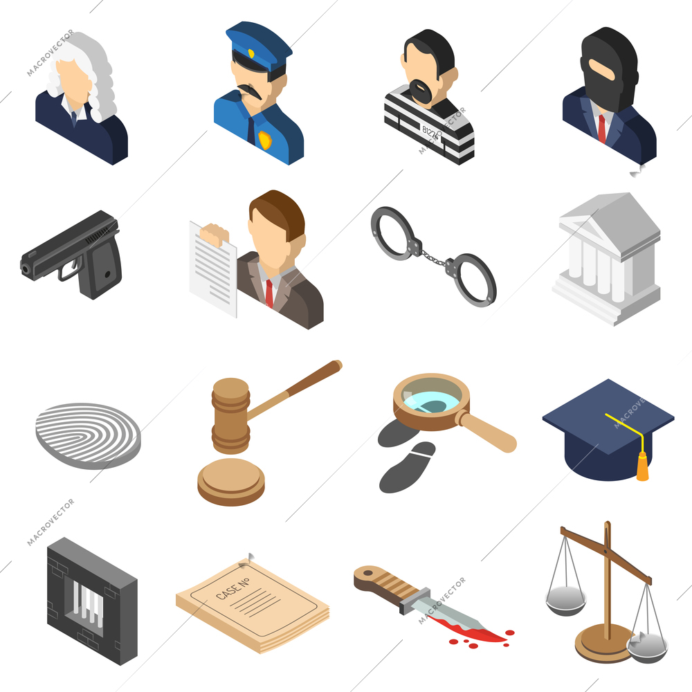 Heist robbers and police court lawyer and justice 3d isometric color icon set isolated vector illustration