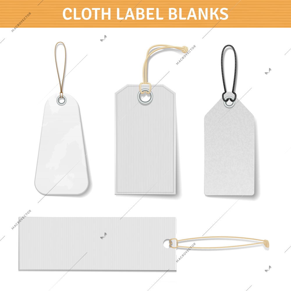 Clothes label blank white realistic tags set with title isolated vector illustration