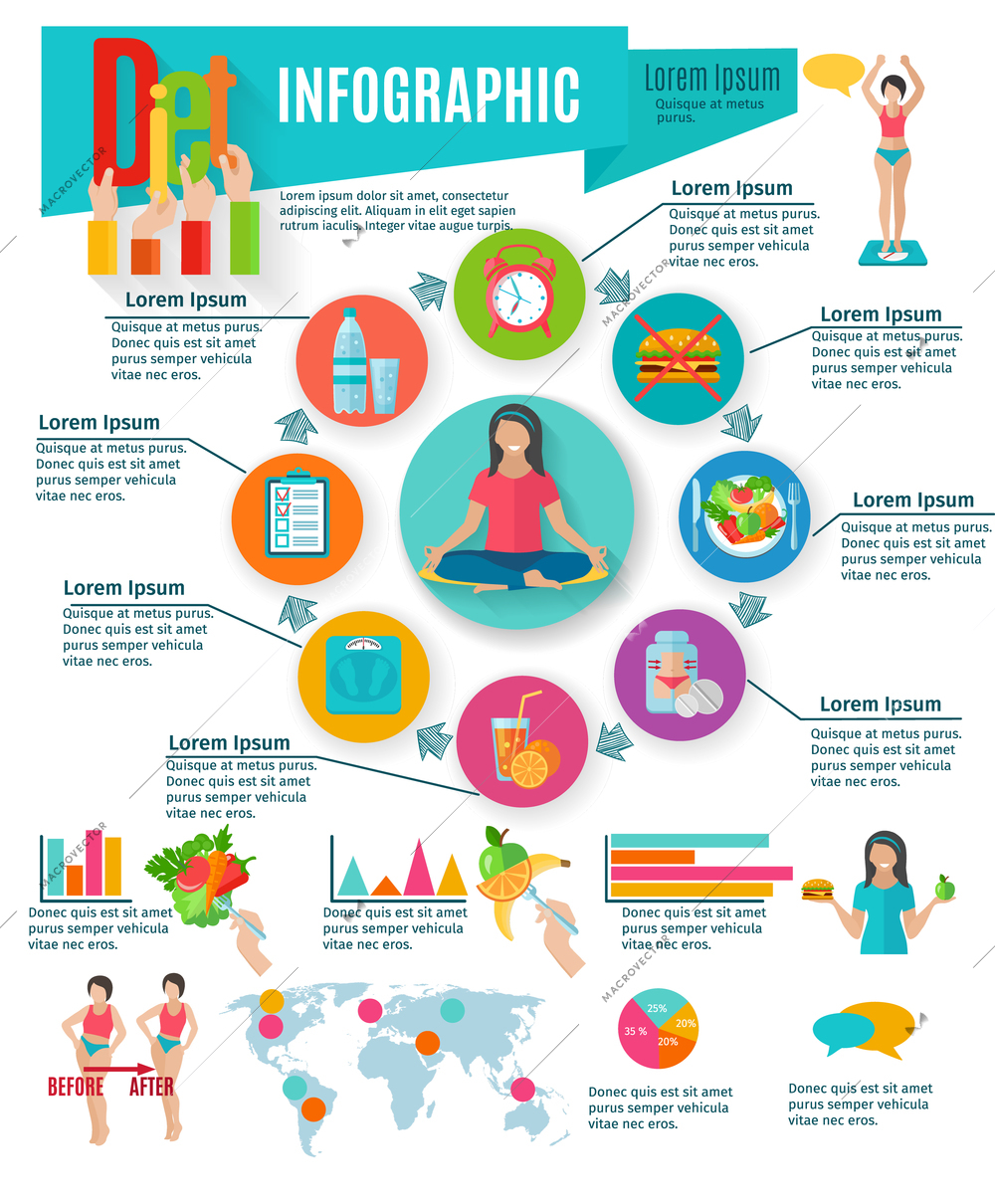 Healthy life diet and weight maintain choices statistic charts infographic presentation layout design abstract isolated vector illustration