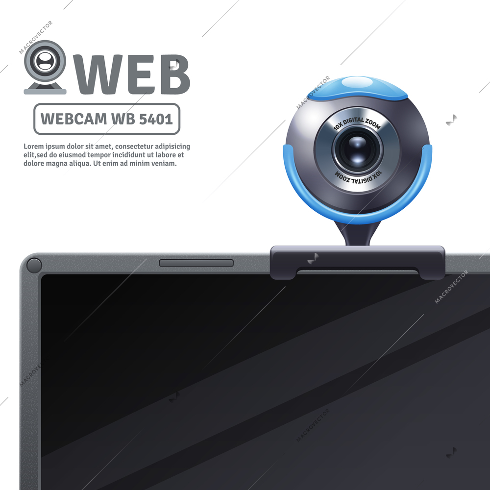 Webcam fixed on computer or laptop with model data realistic vector illustration