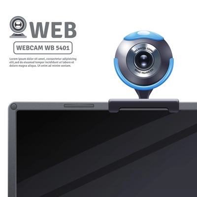 Webcam fixed on computer or laptop with model data realistic vector illustration