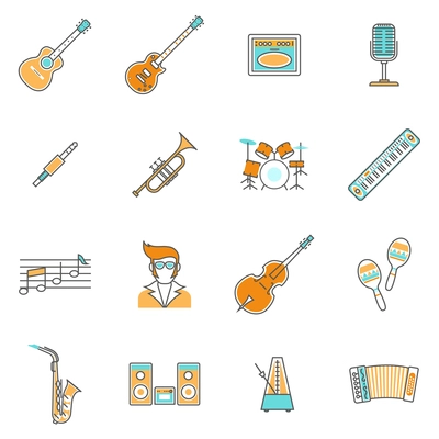 Music icons line set with pop rock and classic instruments isolated vector illustration