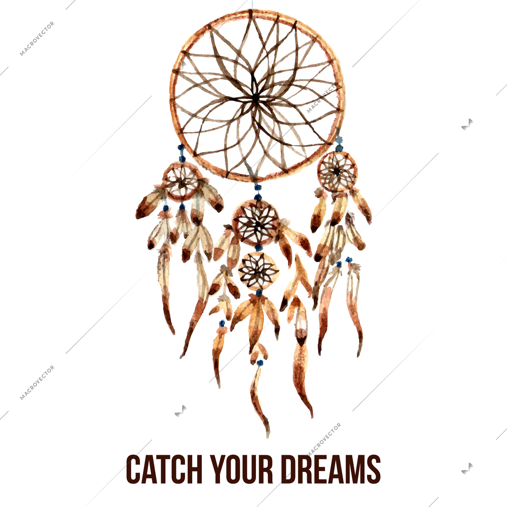 Native american indian magical dreamcatcher with sacred feathers to catch dreams watercolor pictogram icon abstract vector illustration