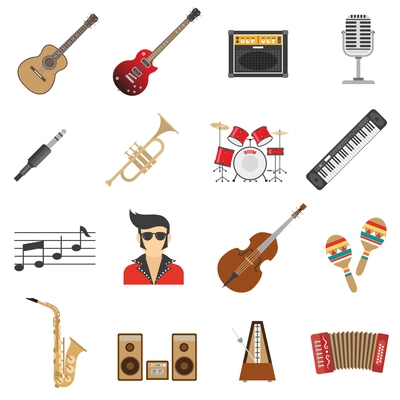 Music icons flat set with instruments and singer isolated vector illustration