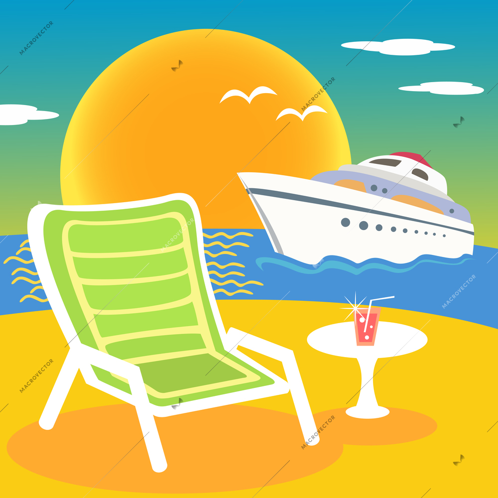 Sea, beach and yacht at the sunset vector illustration scene