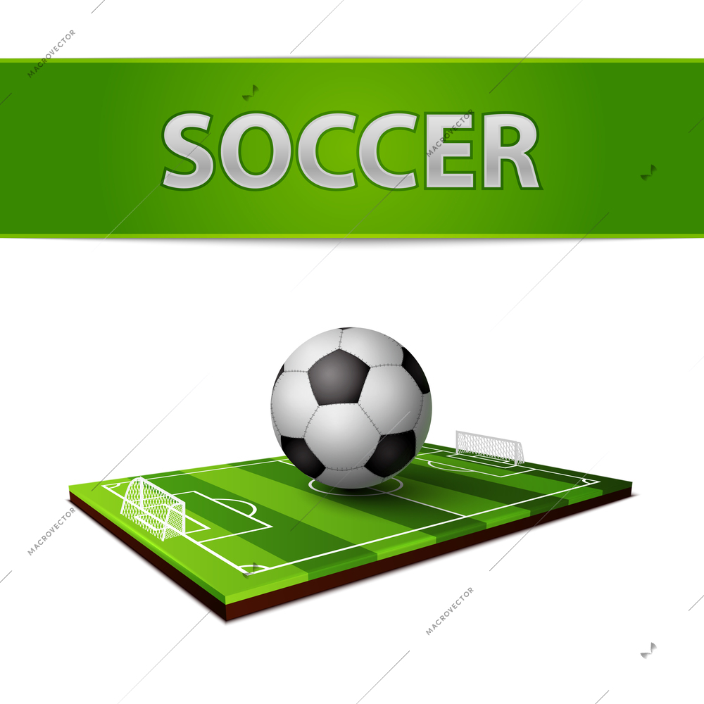 Realistic soccer ball and grass field with gates for football emblem isolated vector illustration