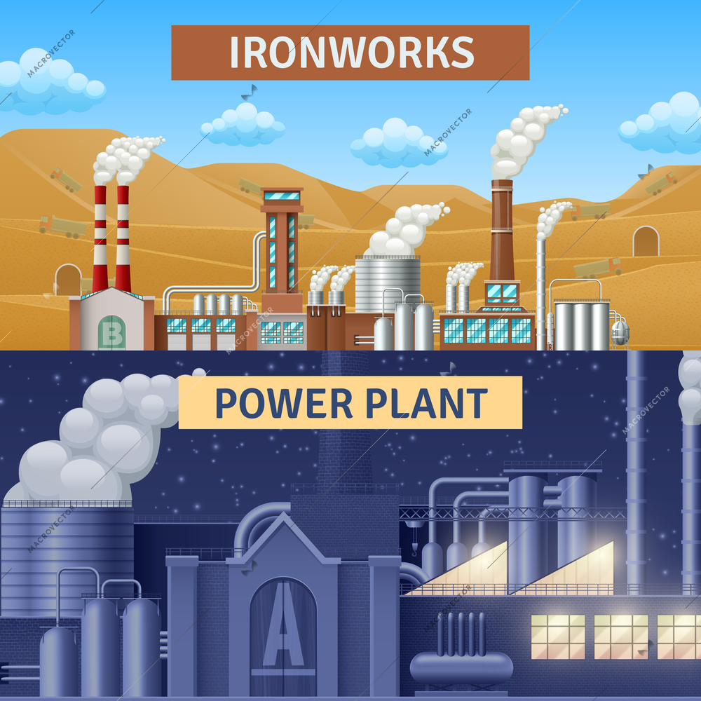 Factory building horizontal realistic banners set with ironworks and power plant isolated vector illustration