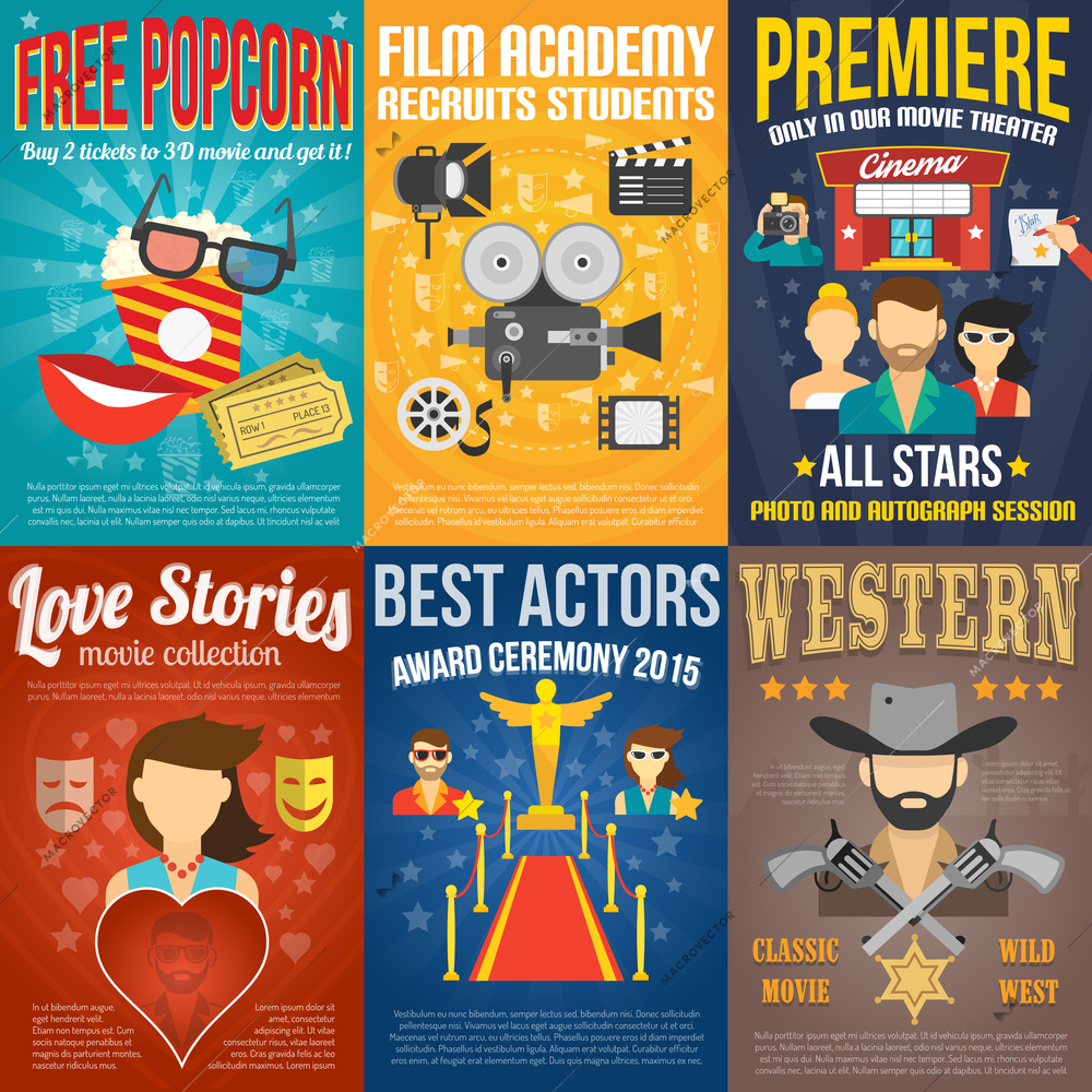Movie premiere mini promo poster templates set isolated vector illustration