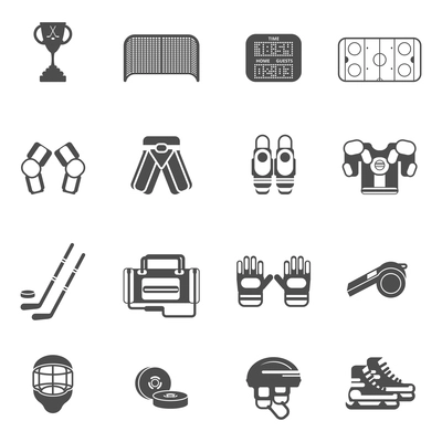 Ice hockey black white icons set with gates uniform and cup flat isolated vector illustration