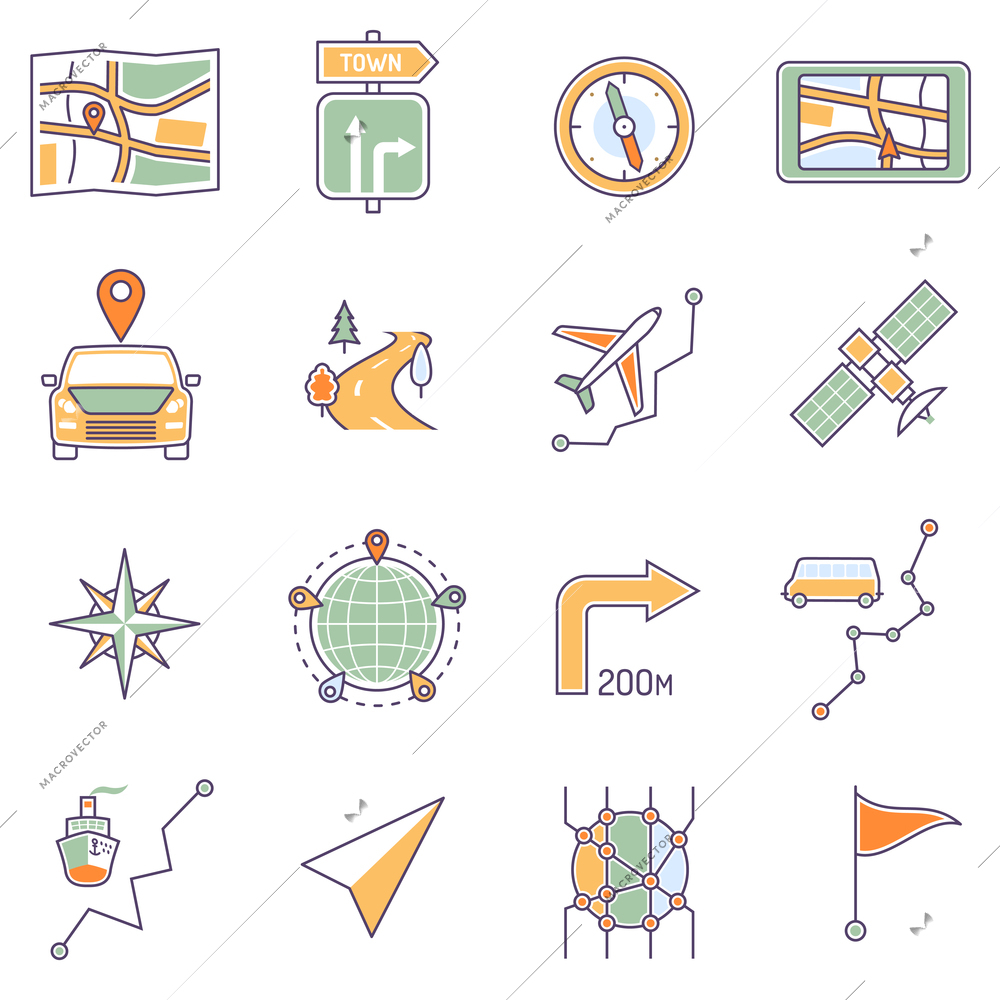 Map icons line set with route search and navigation symbols isolated vector illustration