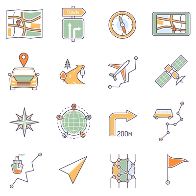 Map icons line set with route search and navigation symbols isolated vector illustration