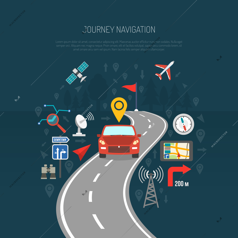 Map concept with car on the road and flat navigation icons set vector illustration