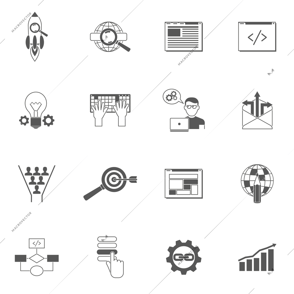 Web design icons black set with programming development and coding symbols isolated vector illustration