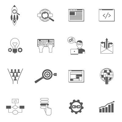 Web design icons black set with programming development and coding symbols isolated vector illustration