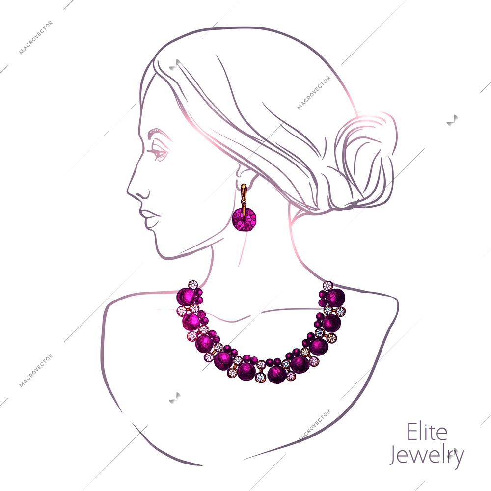 Young pretty woman head silhouette necklace and earrings jewelry vector illustration