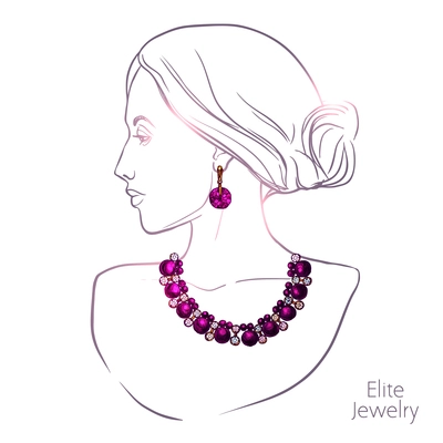 Young pretty woman head silhouette necklace and earrings jewelry vector illustration