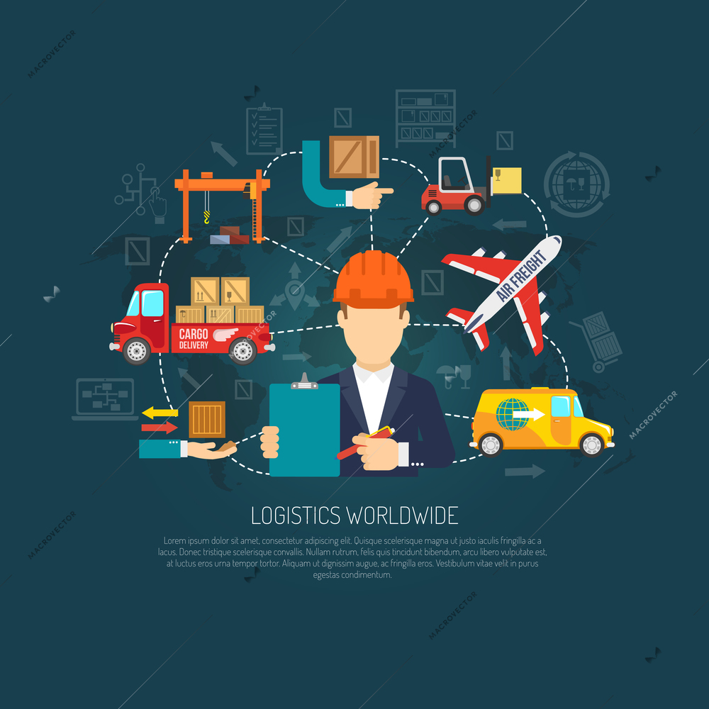 Worldwide logistics company services operator coordinating international cargo transportation and delivery flowchart background poster abstract vector illustration