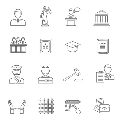 Heist robbers safety and police court lawyer and justice flat outline icon set isolated vector illustration