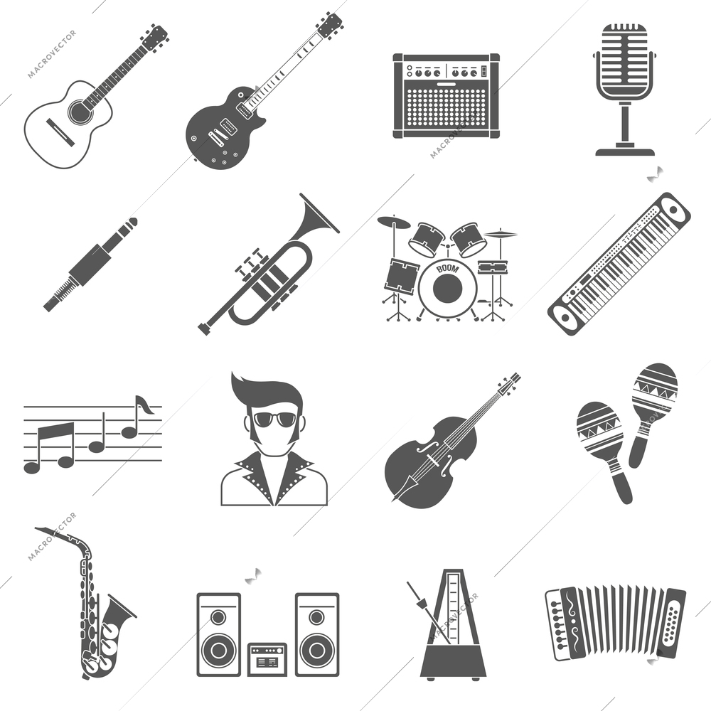 Music icons black set with guitar microphone drums isolated vector illustration