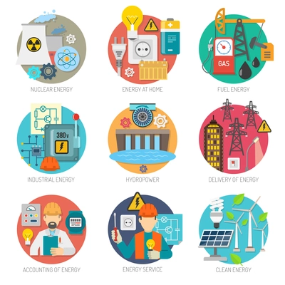 Energy  concept flat round icons composition collection of clean power generation and transmission abstract vector isolated illustration