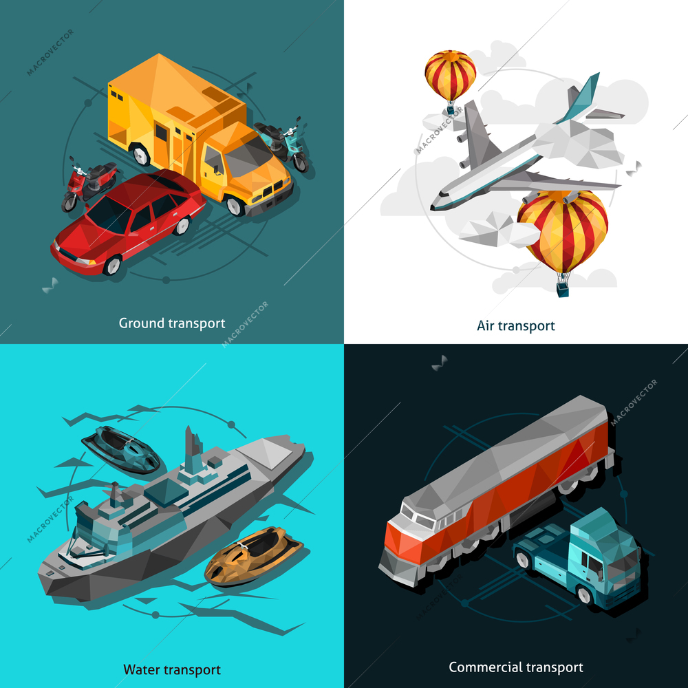 Ground air water and commercial transport low polygonal icons set isolated vector illustration