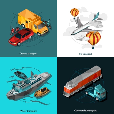 Ground air water and commercial transport low polygonal icons set isolated vector illustration