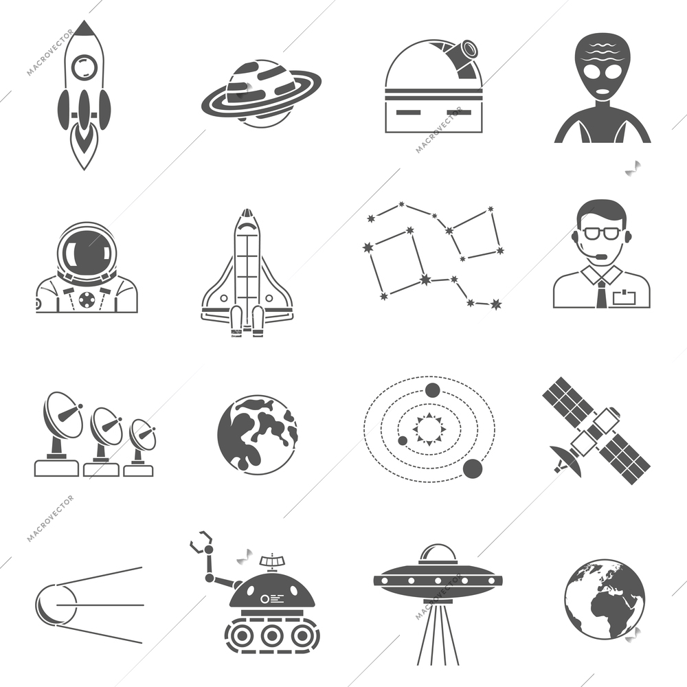 Space research science symbols and phenomena black icons set with abstract with lunar walker isolated vector illustration