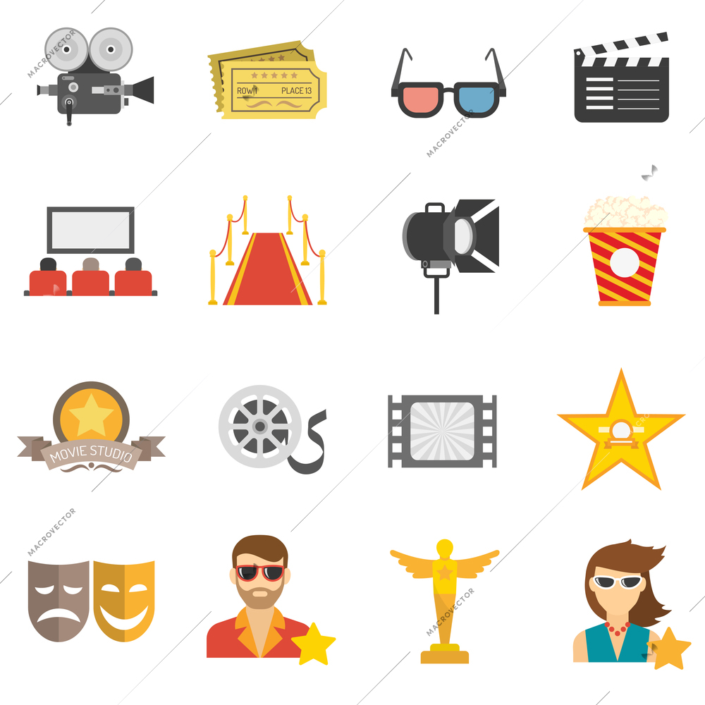 Movie icons flat set with film camera 3d glasses and clapperboard isolated vector illustration
