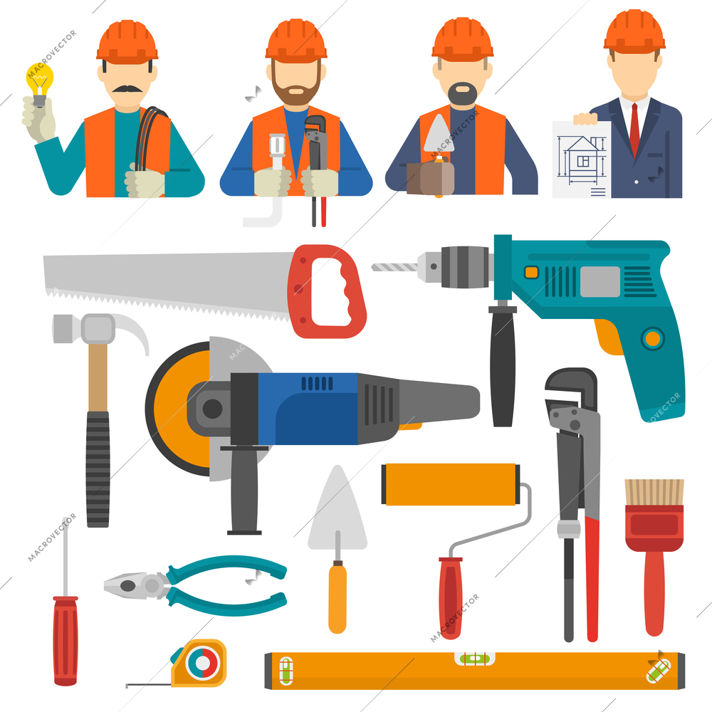 Construct icons flat set with engineer avatars and worker tools isolated vector illustration