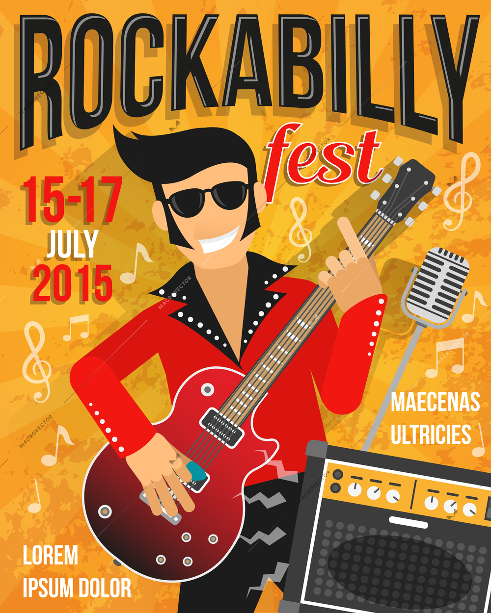 Music festival or rockabilly concert promo poster with singer and guitar vector illustration