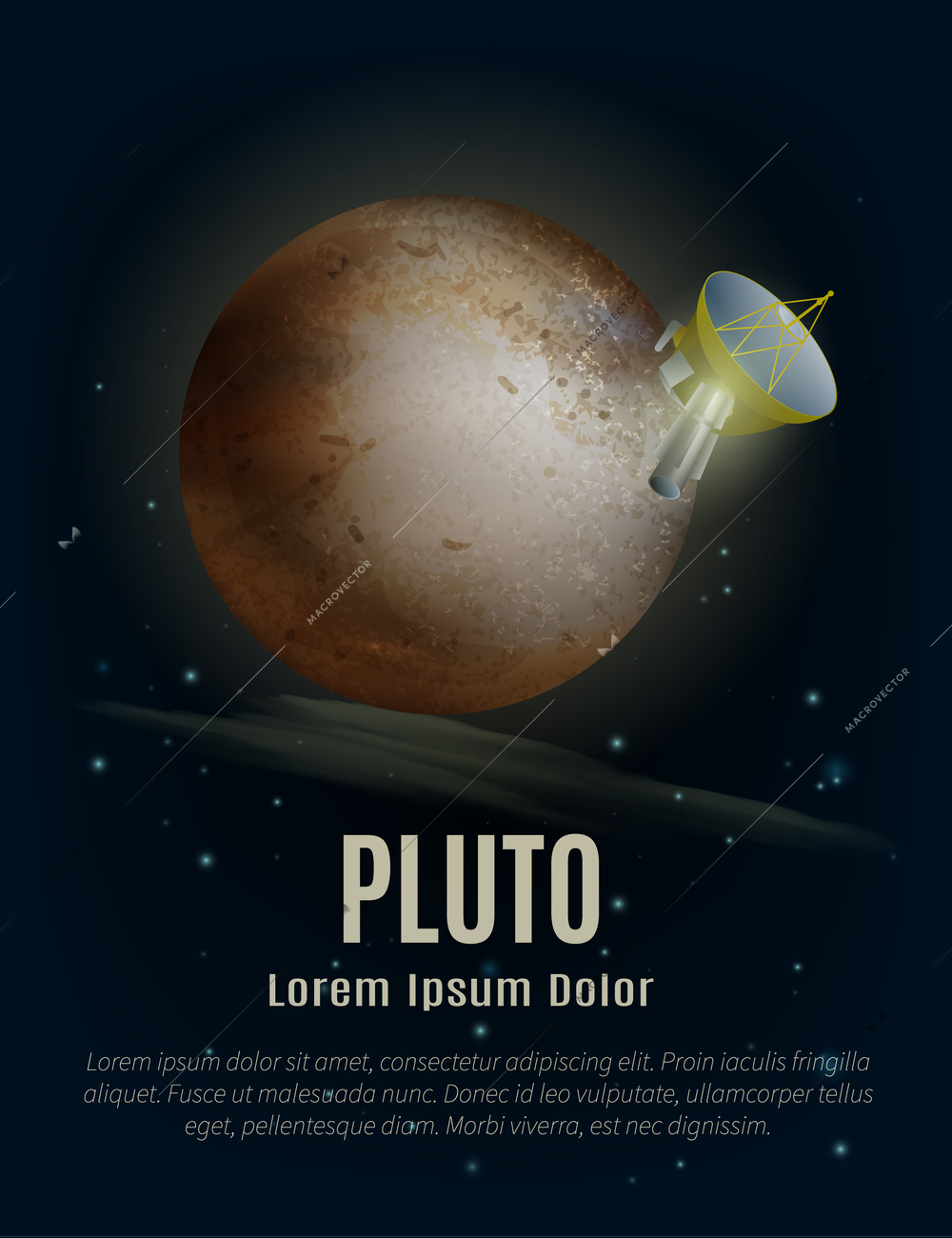 Pluto planet poster with artificial satellite space and stars cartoon vector illustration