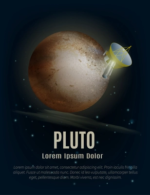 Pluto planet poster with artificial satellite space and stars cartoon vector illustration