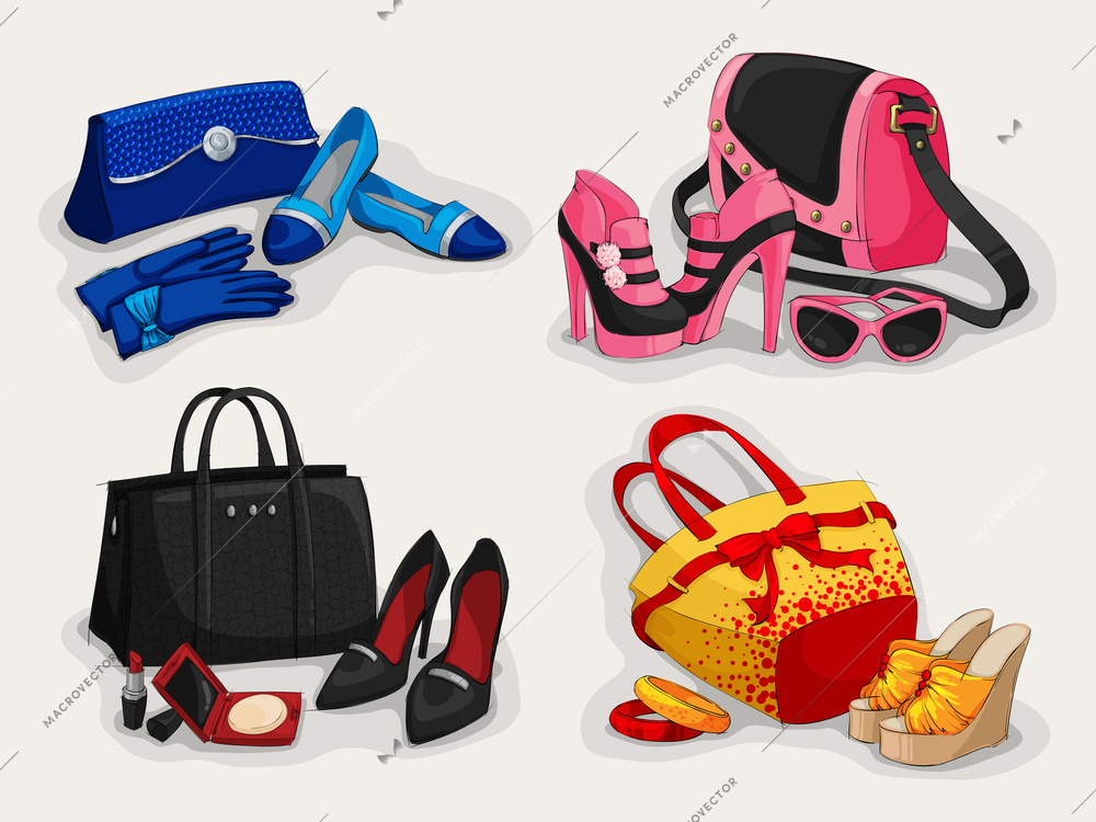 Collection of women luxury bags classic shoes and modern accessories isolated vector illustration