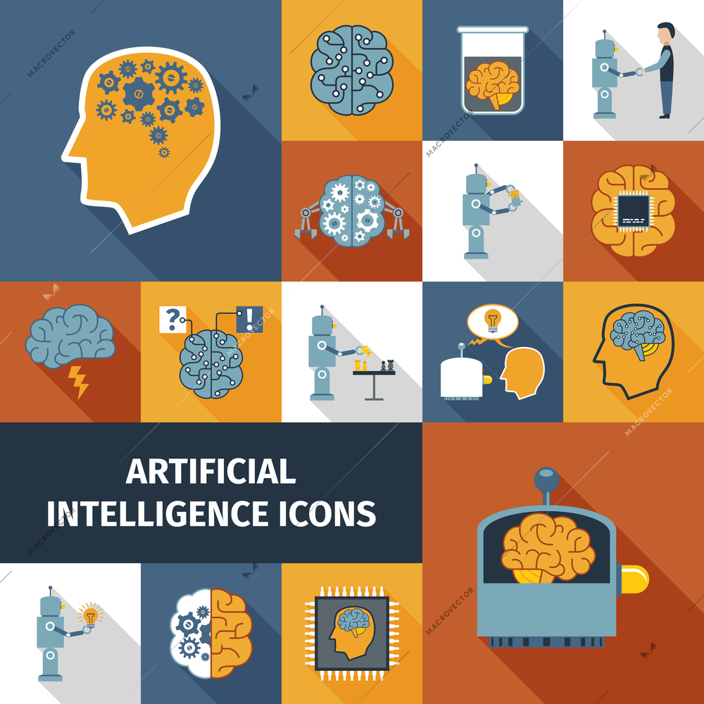 Artificial intelligence robots and cyber futuristic icons set flat isolated vector illustration