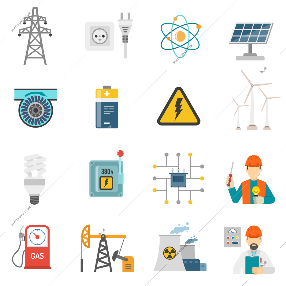 Wind solar and nuclear energy generating systems flat icons set with radiation sign abstract vector isolated illustration