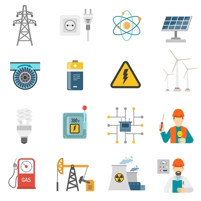 Wind solar and nuclear energy generating systems flat icons set with radiation sign abstract vector isolated illustration