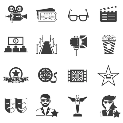 Movie icons black set with actor filmstrip and award isolated vector illustration