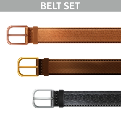 Realistic leather belts set with metal buckles isolated vector illustration