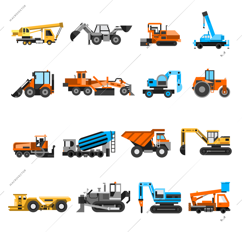 Construction machines and engineering icons set with excavator and roller flat isolated vector illustration