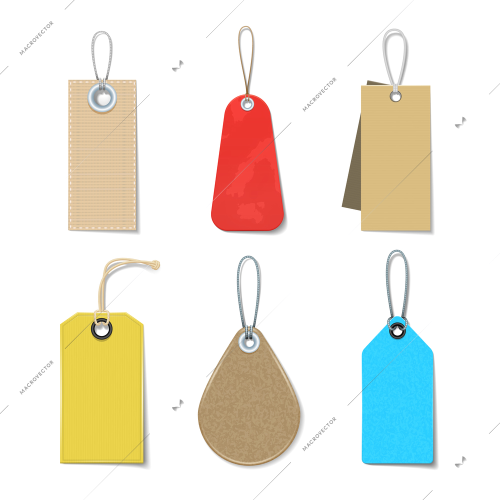 Colored and bright labels and tags realistic icons  set for clothes isolated vector illustration