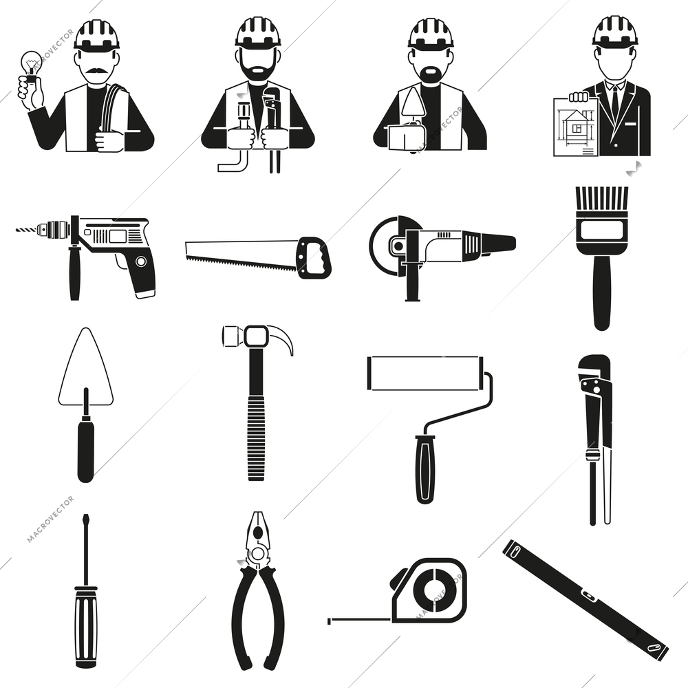 Construct black icons set with clamp hammer engineers characters isolated vector illustration