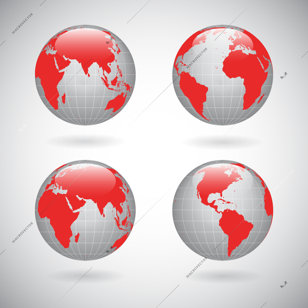 Earth globe icons set with world map continents and oceans isolated vector illustration