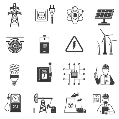 Oil and gas industry energy power production and transmitting symbols black icons set abstract vector isolated  illustration