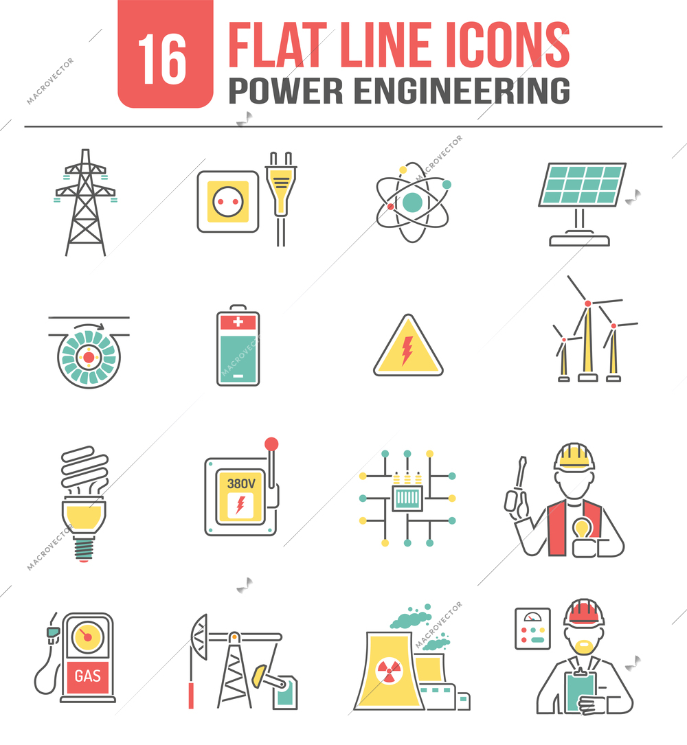 Power transmission high voltage lines engineering icons set with clean sustainable energy sources abstract isolated vector illustration